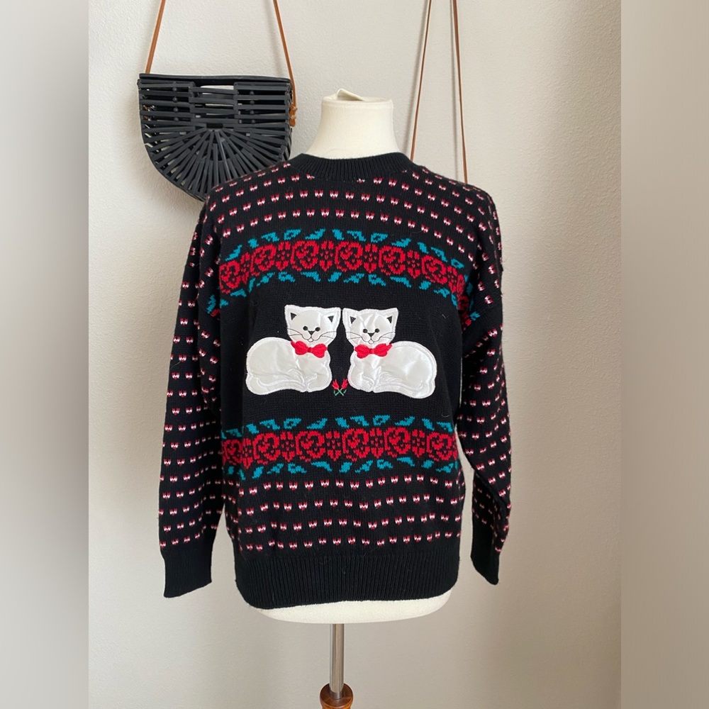 Jennifer Adams Kawaii Cat Floral Black Sweater, Size 5